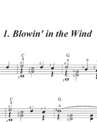 Sheet music, tabs for guitar. Blowin' in the Wind.