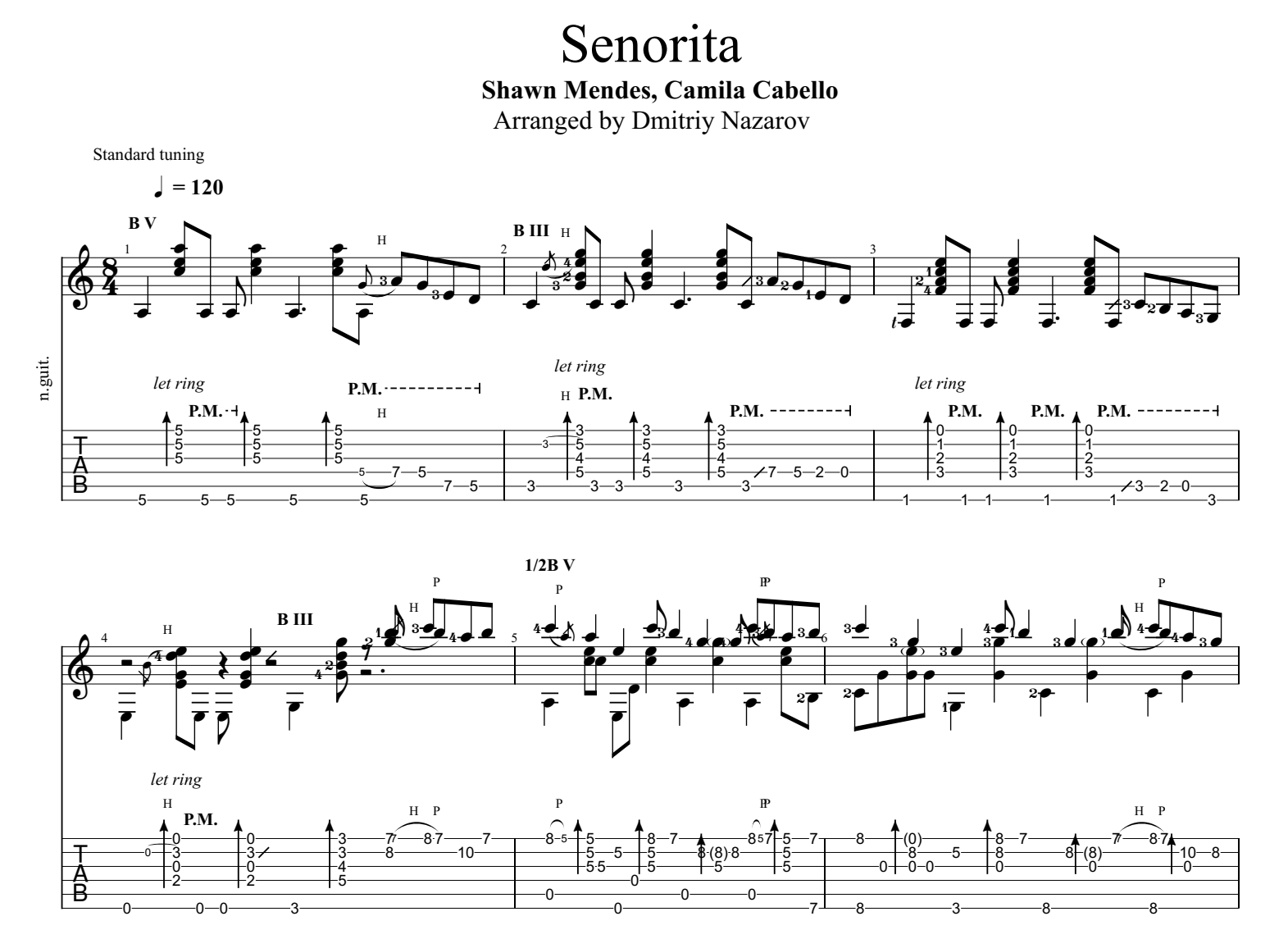Senorita sheet music for guitar solo (easy tablature) (PDF)