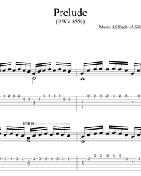 Sheet music, tabs for guitar. Prelude B minor (BWV 855a).