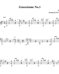 Sheet music, tabs for guitar. Gnossienne No.1.