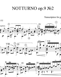 Sheet music, tabs for guitar. Nocturne in E-flat major, Op. 9, No. 2.