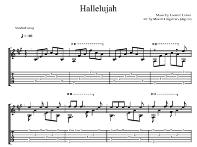Hallelujah on guitar. Sheet music and tabs for a guitar.