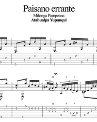 Sheet music, tabs for guitar. Paisano errante (Milonga).