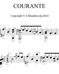 Sheet music, tabs for guitar. Courante.