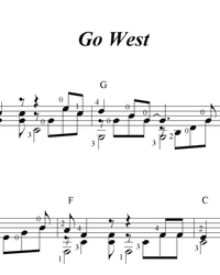 Sheet music, tabs for guitar. Go West.