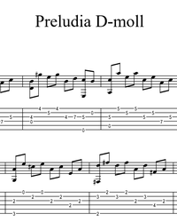 Sheet music, tabs for guitar. Prelude in D-moll.