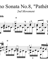 Sheet music, tabs for guitar. Sonata No. 8 "Pathetique" 2nd movement.