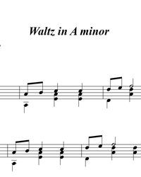 Sheet music, tabs for guitar. Waltz in A minor.