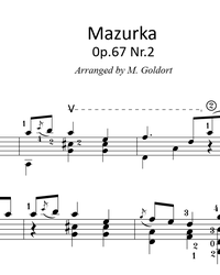 Sheet music, tabs for guitar. Mazurka (Op. 67 No. 2).
