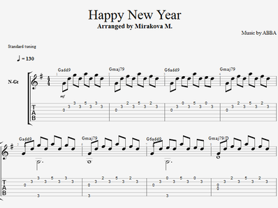 Happy New Year! on guitar. Sheet music and tabs for a guitar.