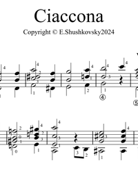 Sheet music, tabs for guitar. Ciaccona.