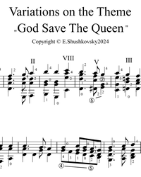 Sheet music, tabs for guitar. Variations on the Theme "God Save the Queen".