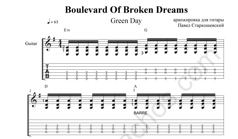 guitar chords for boulevard of broken dreams