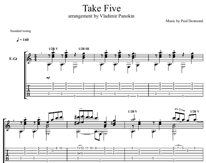 Пятый аккорд песня. Take Five табы для гитары. Take Five Ноты для фортепиано. Take Five Ноты для гитары. Paul Desmond take Five Ноты.