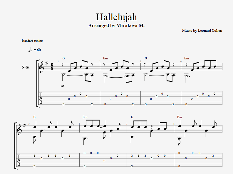 Hallelujah for guitar. Guitar sheet music and tabs.