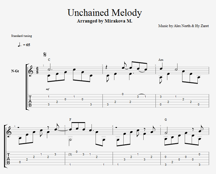 Unchained Melody for guitar. Guitar sheet music and tabs.