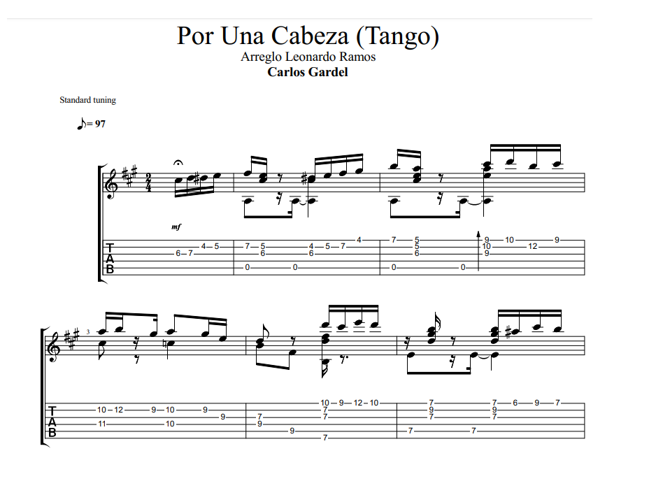 por una cabeza guitar sheet music