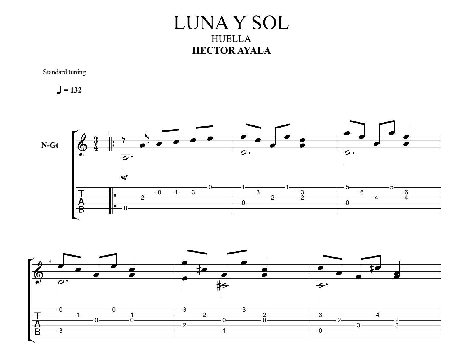Arrangement, sheet music, tabs, Moon and Sun (Luna y Sol), Hector Ayala, gu...