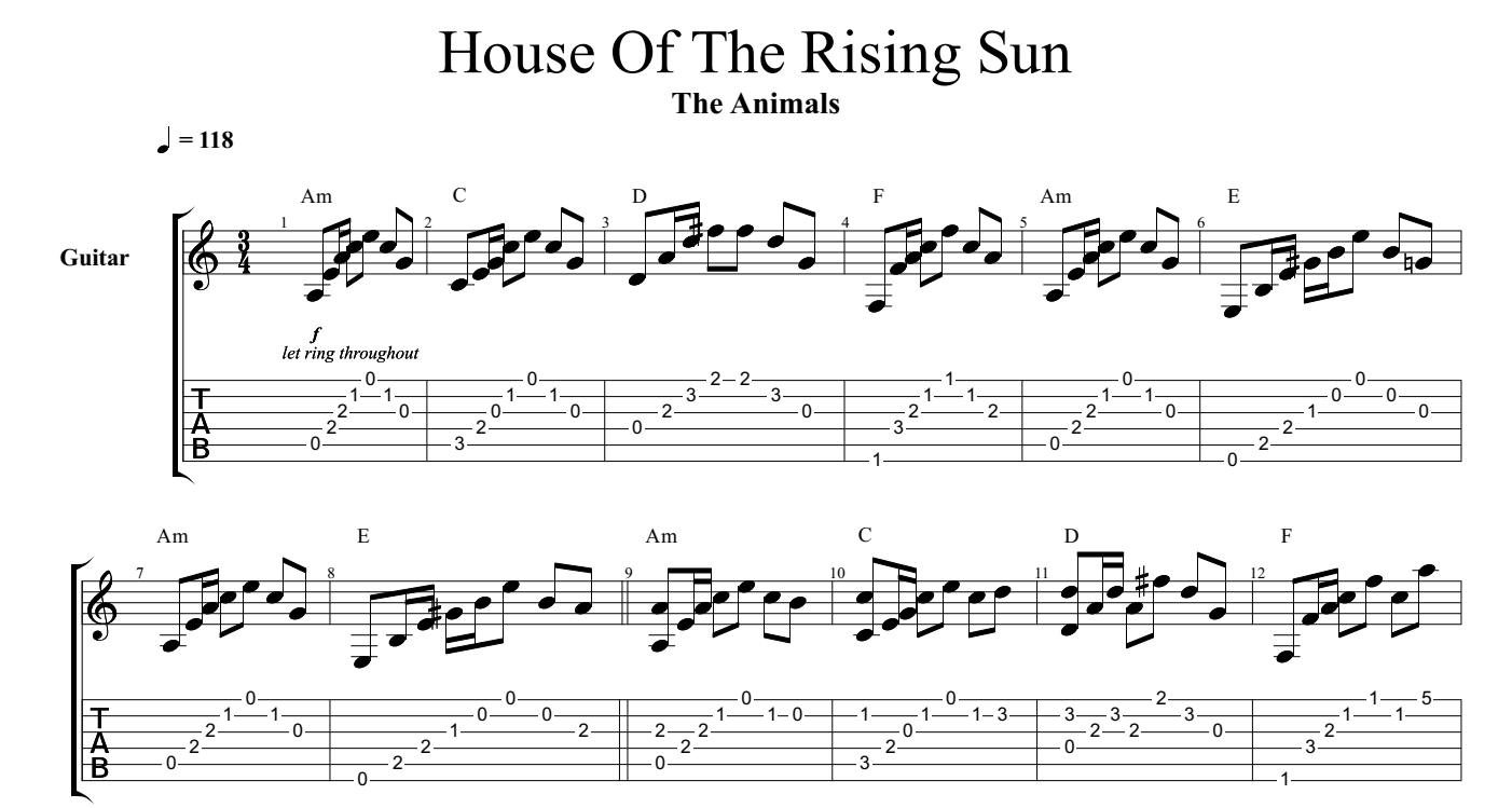 House of the Rising Sun Ноты для гитары