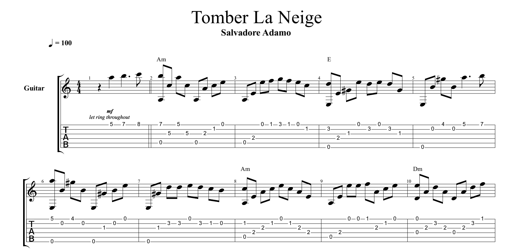 Tombe la neige guitar