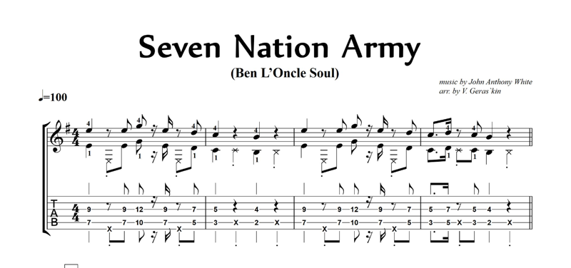 7 нот гитары. Seven Nation Army табы для гитары. 7 Nation Army табы гитара. Seven Nation Army табулатура для гитары. Seven Nation Army Ноты для гитары табы.