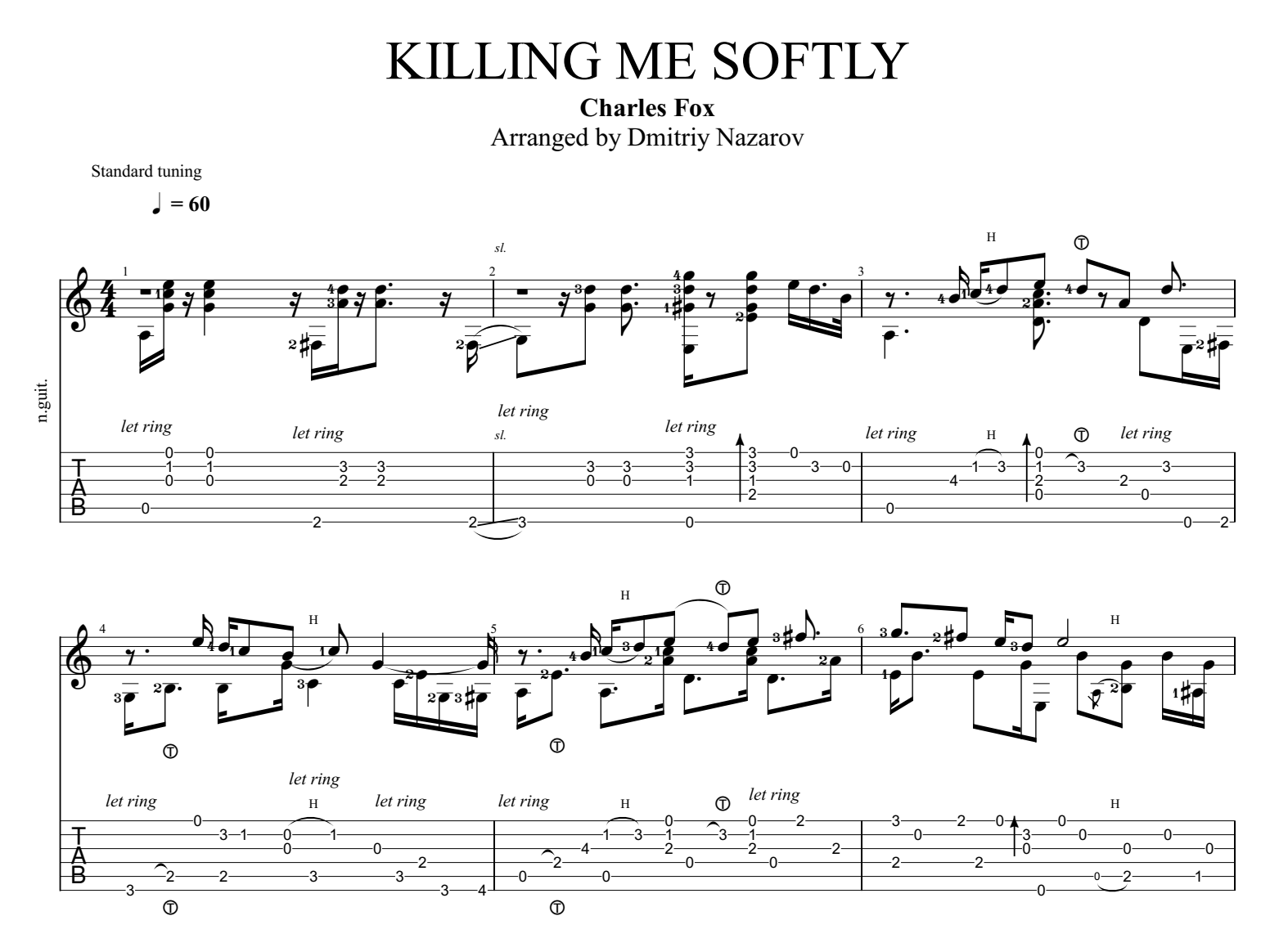 Авторская аранжировка для гитары с нотами и табами - Killing Me Softly, Чар...
