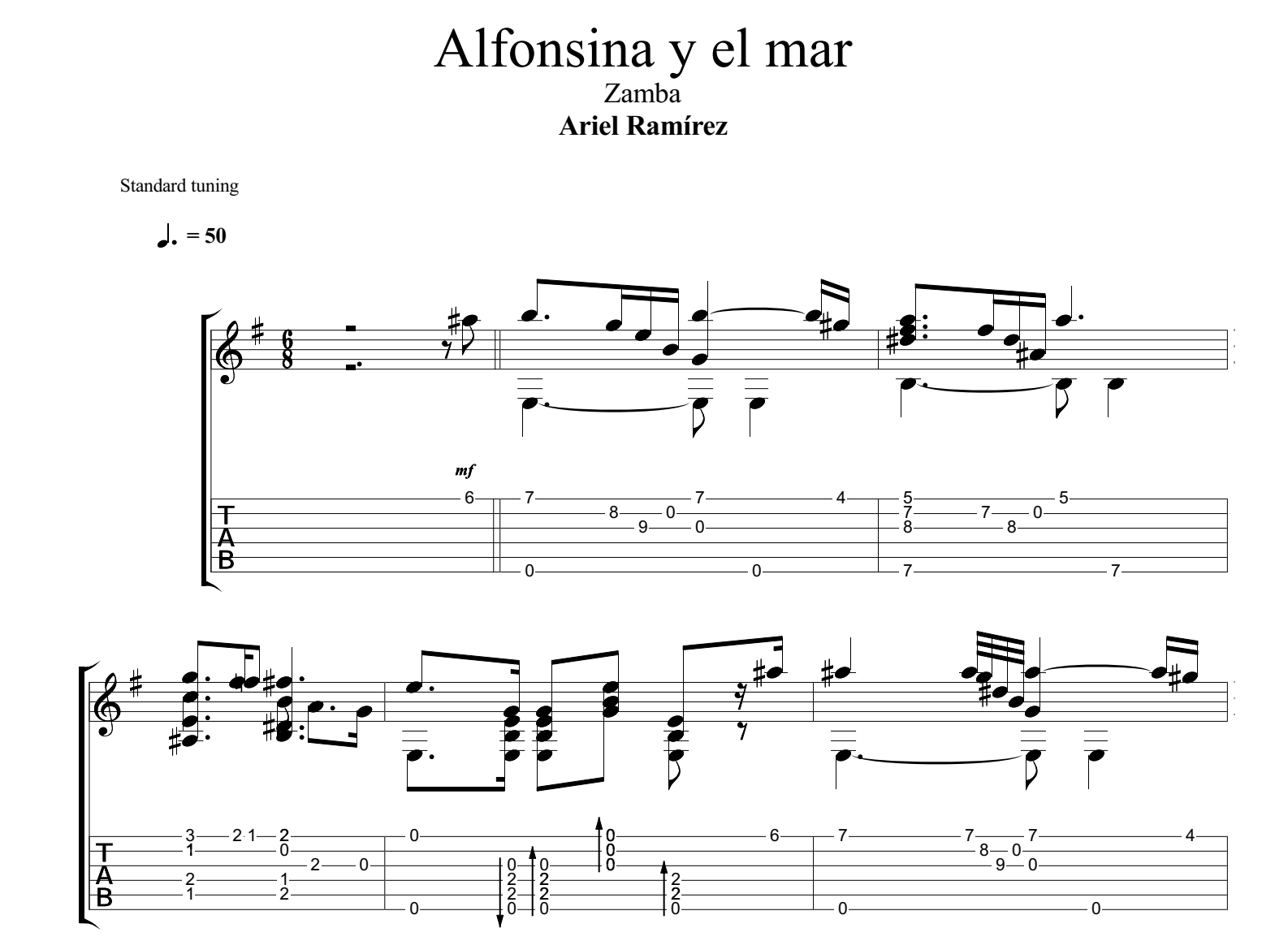 Alfonsina Y El Mar (Zamba) for guitar. Guitar sheet music and tabs.