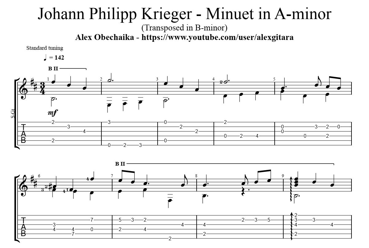 Minuet in A-minor (Transposed in B-minor) - Иоганн Филипп Кригер